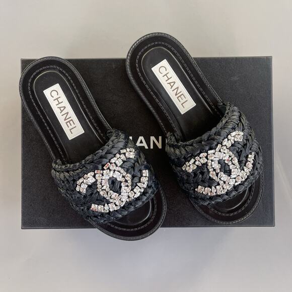 CHANEL Shoes - Chanel Black Raffia Sandals With Crystal Embellishments CC Logo 36C